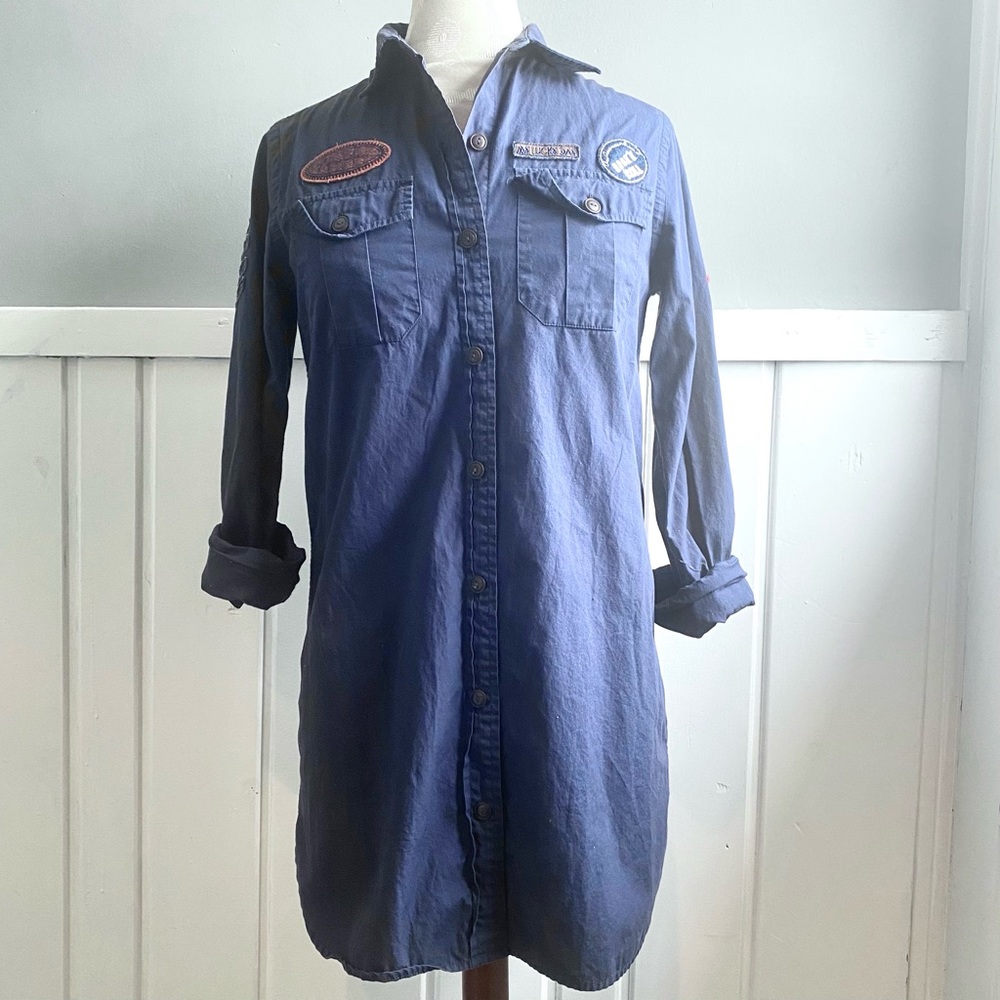 F21 Heritage 81 Navy Blue Long Button Up Shirt Dress W/ Patches